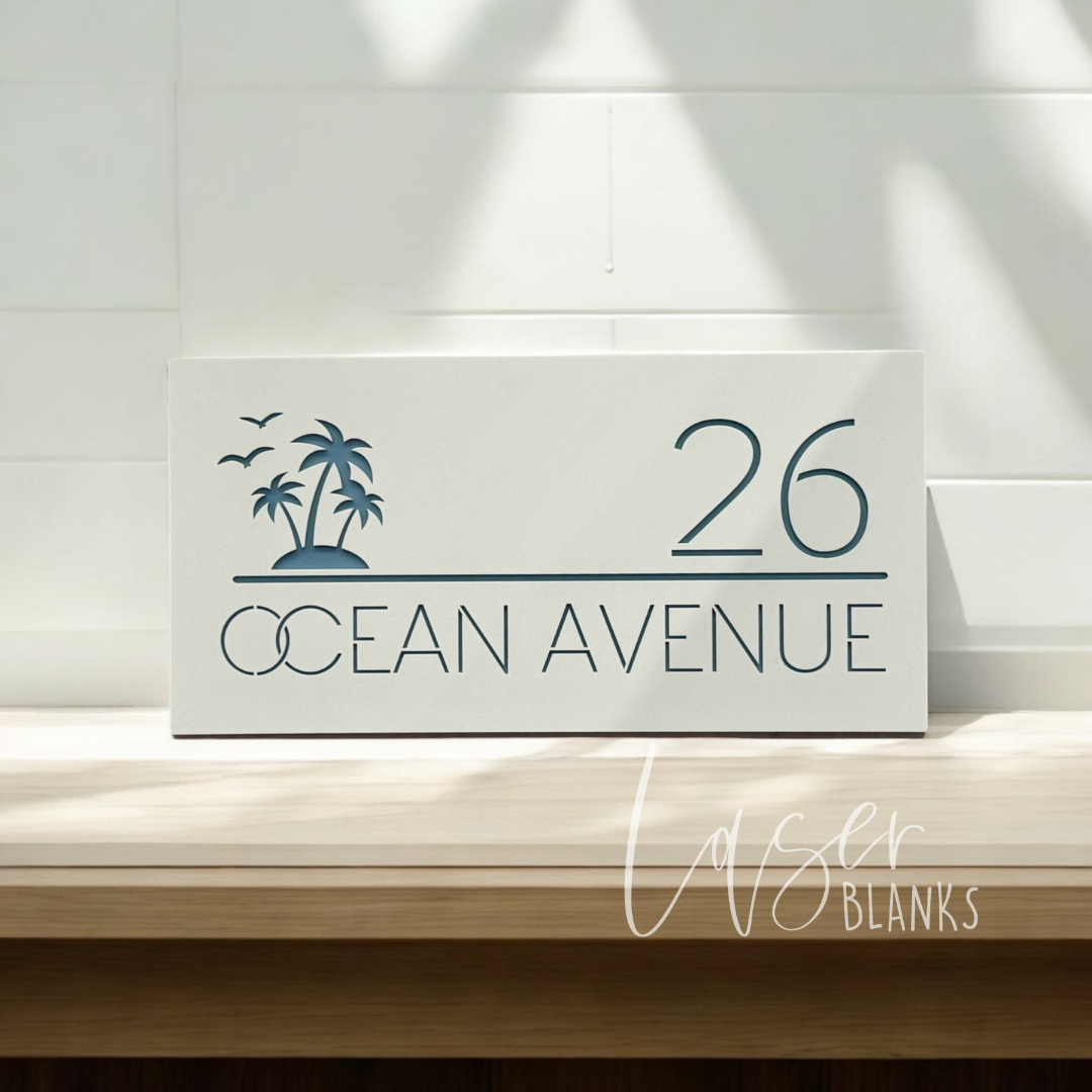 Ocean-themed acrylic house number sign with wave design – 400mm x 200mm