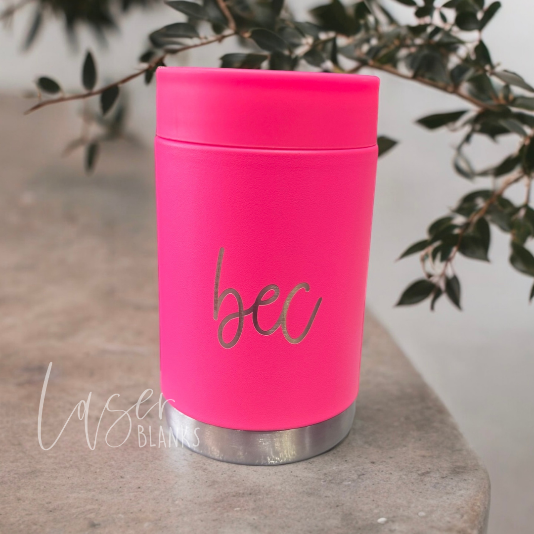 Hot pink engraved can cooler with name in script font

