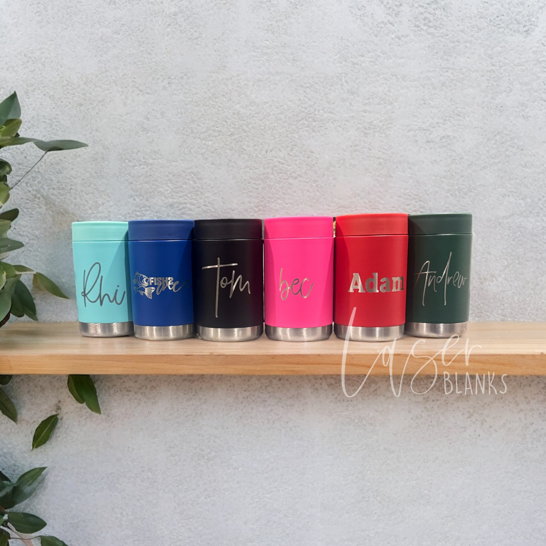 Group shot of all 6 can cooler colours with engraved examples

