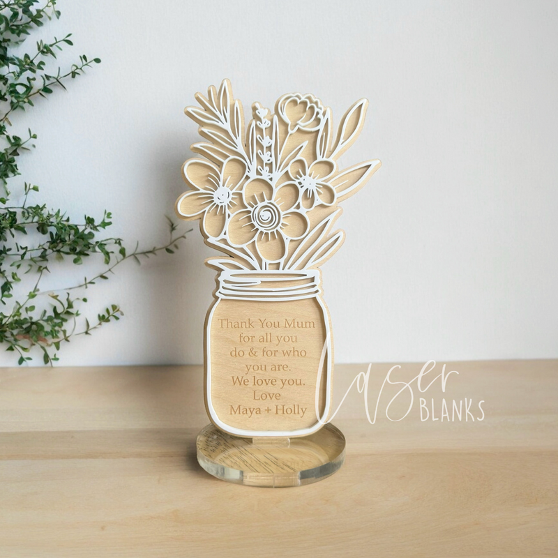 Mother's Day Engraved Personalised Gift | Wooden Flower Jar with Acrylic Stand | Ready Made