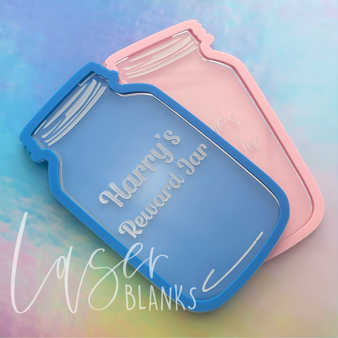 Engraved acrylic reward jar shown in mini, standard, and teacher sizes