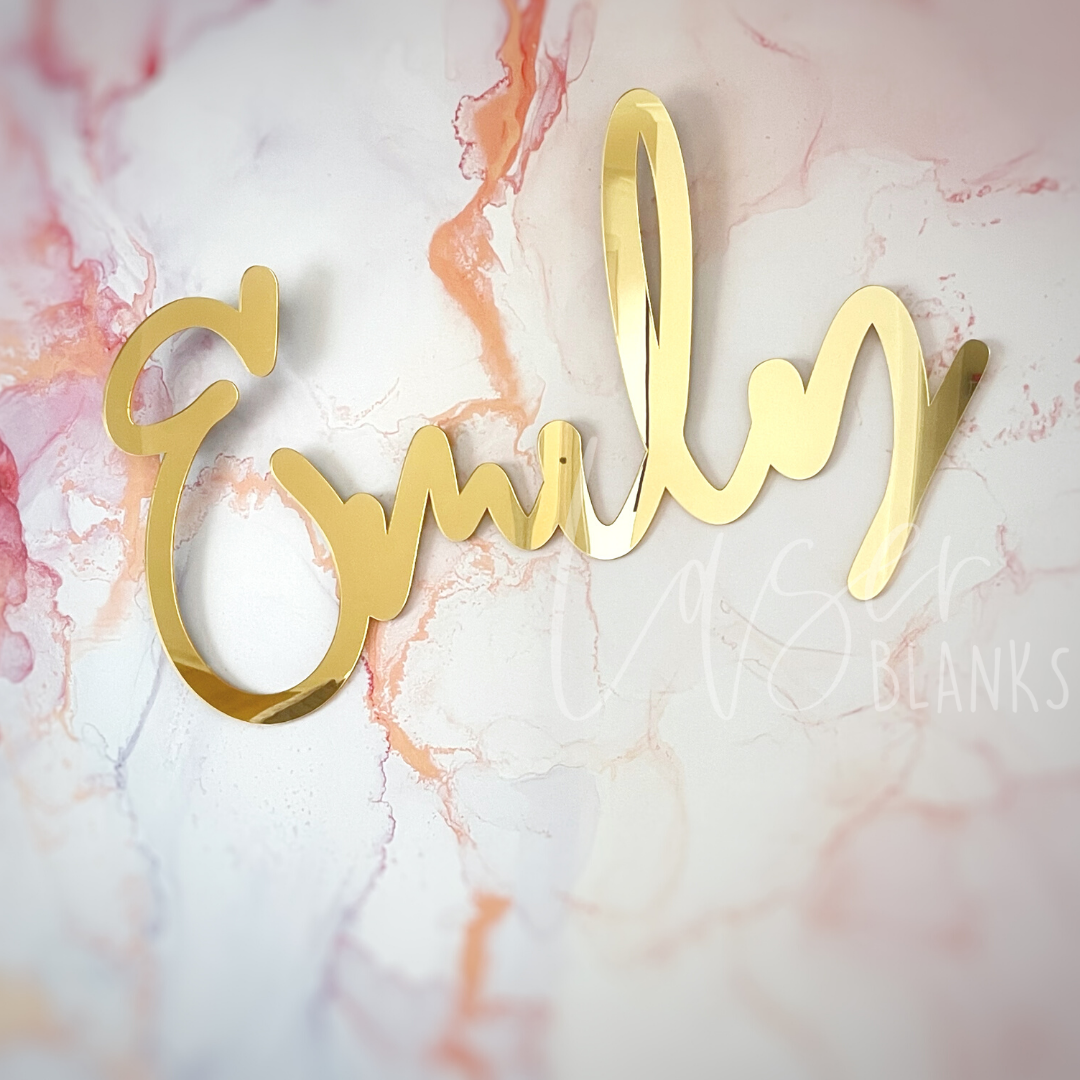 Personalised acrylic wall name sign in modern font, handmade in Australia by Laser Blanks